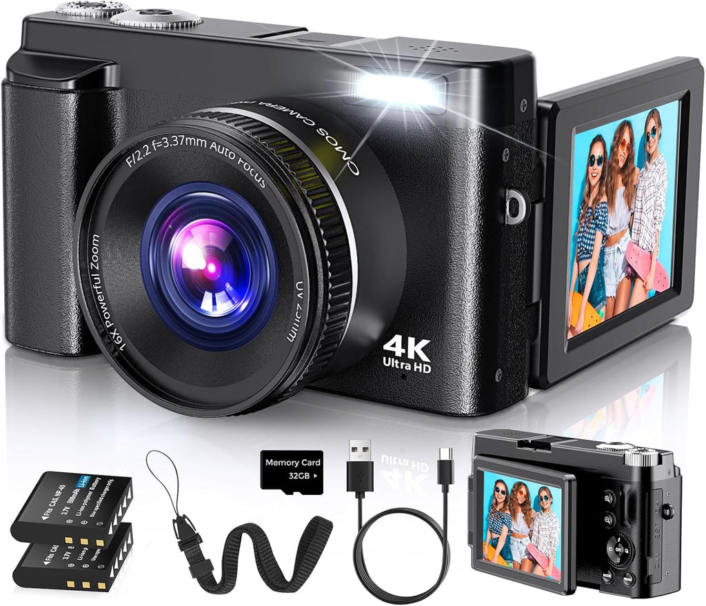 4K Digital Camera for Photography Autofocus, 2026 Latest 48MP Vlogging Camera for YouTube with SD Card, 2 Batteries, 3" 180°Flip Screen Compact Travel Camera for Teens with 16X Zoom,Black