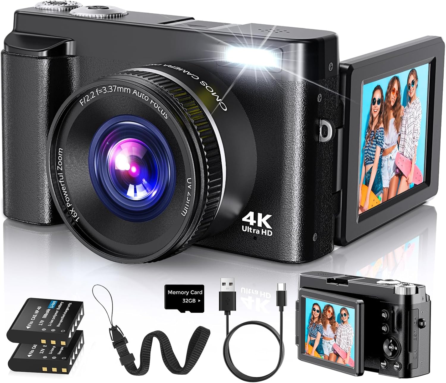 4K Digital Camera for Photography Autofocus, 2026 Latest 48MP Vlogging Camera for YouTube with SD Card, 2 Batteries, 3" 180°Flip Screen Compact Travel Camera for Teens with 16X Zoom,Black
