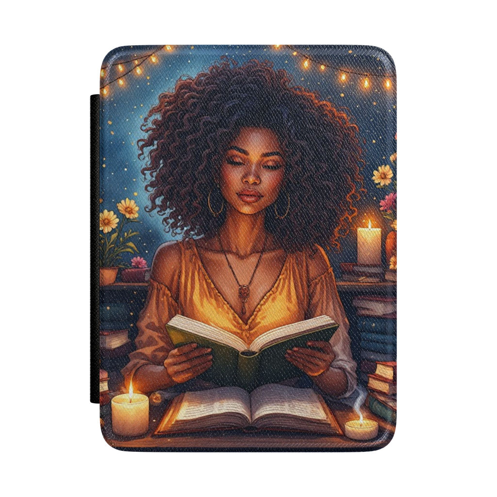 Mystic Reader Kindle Case – Afrocentric Woman with Candlelit Books Cover