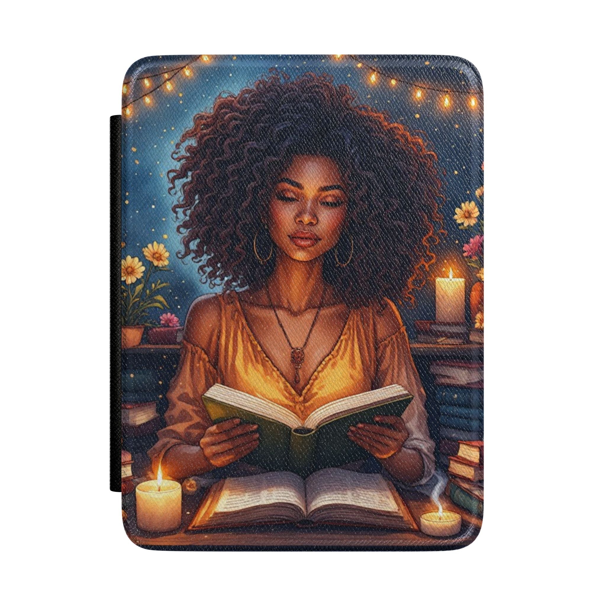Mystic Reader Kindle Case – Afrocentric Woman with Candlelit Books Cover