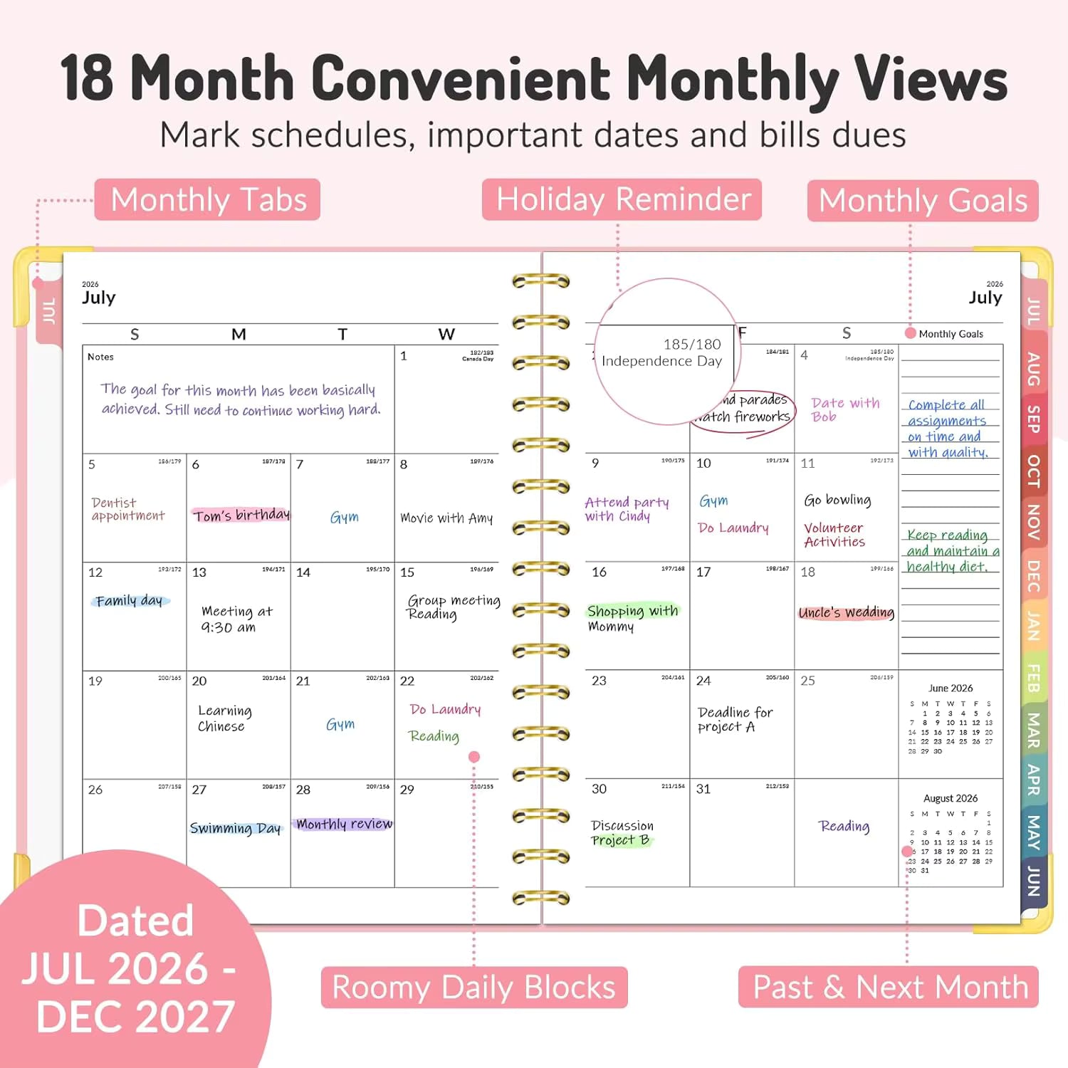 18 Month Academic Planner Jul 2026-Dec 2027, 6.3" x 8.4" Weekly Monthly Calendar with Colored Tabs, Daily Agenda Book for School