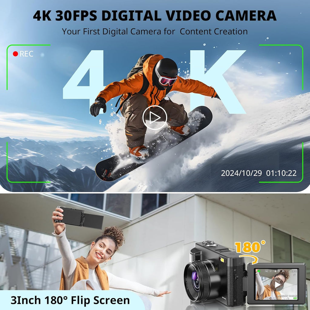 4K Digital Camera for Photography Autofocus, 2026 Latest 48MP Vlogging Camera for YouTube with SD Card, 2 Batteries, 3" 180°Flip Screen Compact Travel Camera for Teens with 16X Zoom,Black