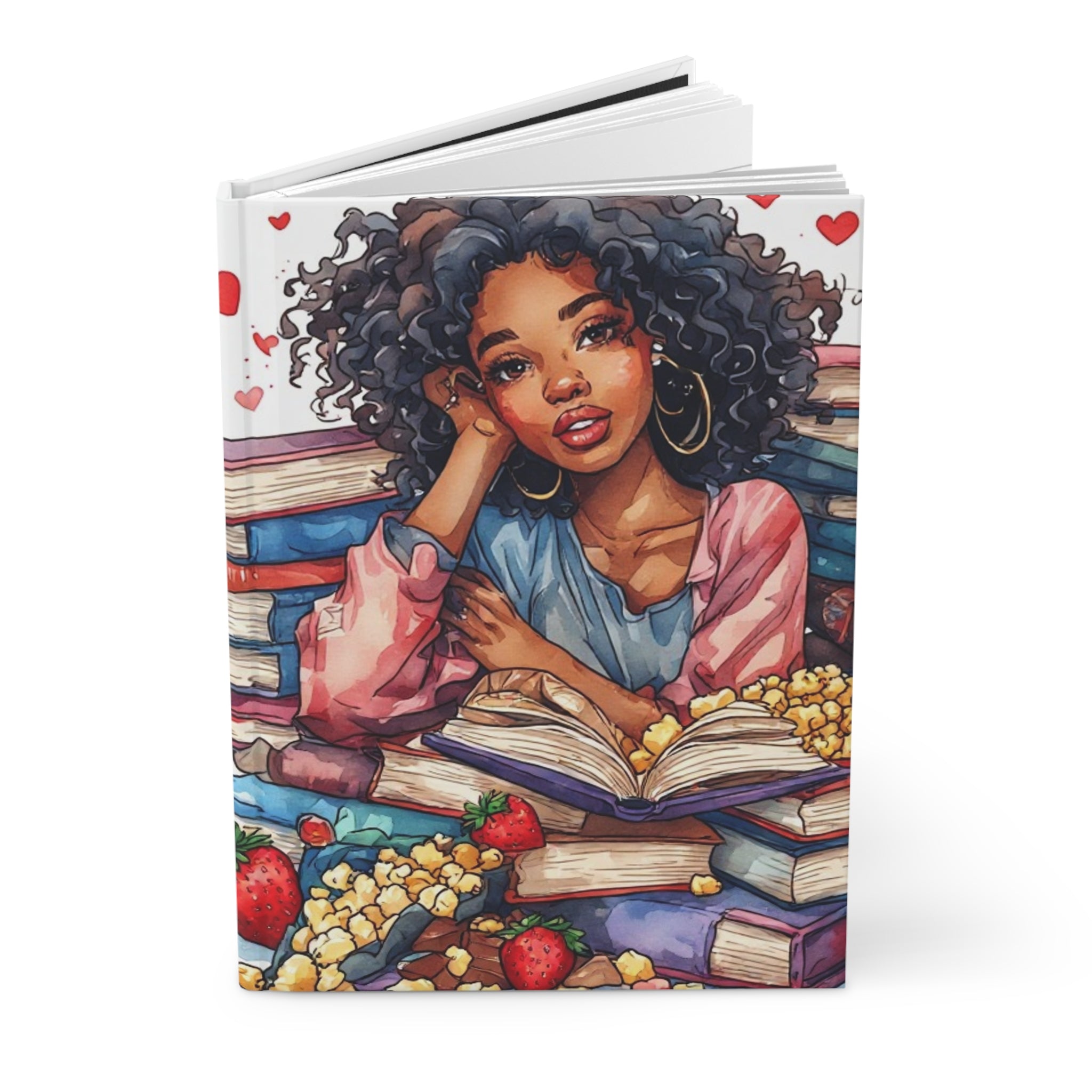 Hardcover Journal — "Smut & Snacks" Cozy Reading Notebook with Afro Girl Illustration
