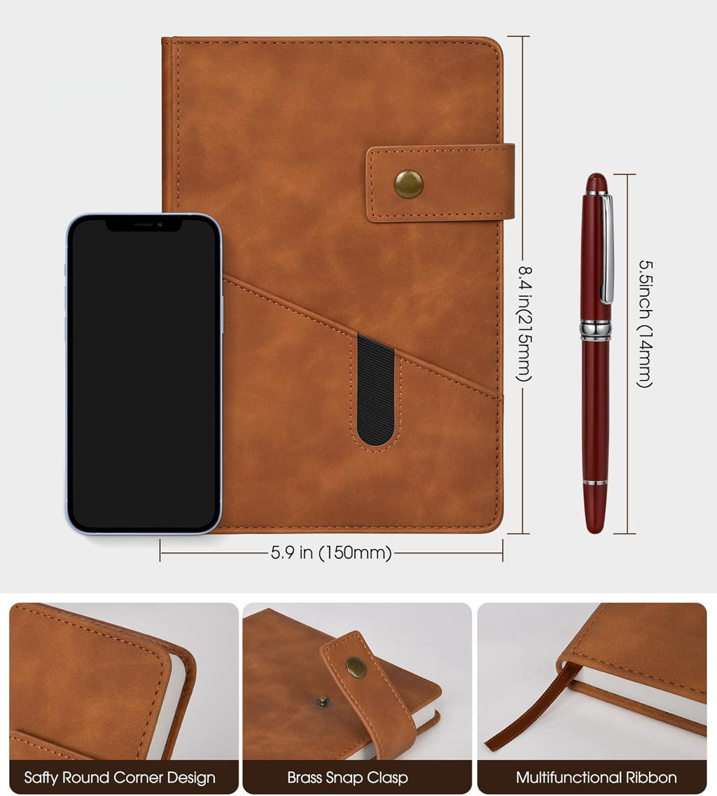 Lined Journal Notebook with Pen, A5 Personalized Hardcover Leather Journal for Men Women, 200 Pages 100 GSM Thick Paper College Ruled Notebooks for Work Travel School Writing Diary 5.9" X 8.4" Brown