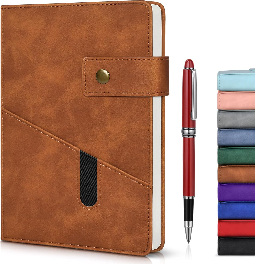 Lined Journal Notebook with Pen, A5 Personalized Hardcover Leather Journal for Men Women, 200 Pages 100 GSM Thick Paper College Ruled Notebooks for Work Travel School Writing Diary 5.9" X 8.4" Brown