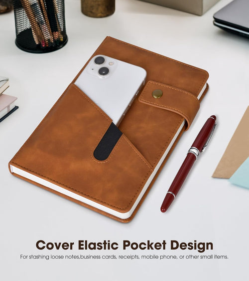 Lined Journal Notebook with Pen, A5 Personalized Hardcover Leather Journal for Men Women, 200 Pages 100 GSM Thick Paper College Ruled Notebooks for Work Travel School Writing Diary 5.9" X 8.4" Brown